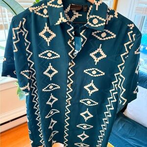 ASOS Teal Short-Sleeve Button-Up with Cream Geometric Print